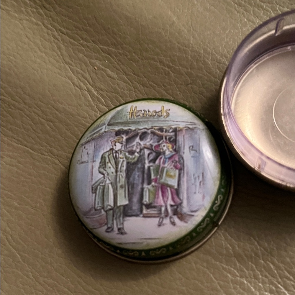 Vintage Harrods Illustrated Trinket Box with Green and Purple